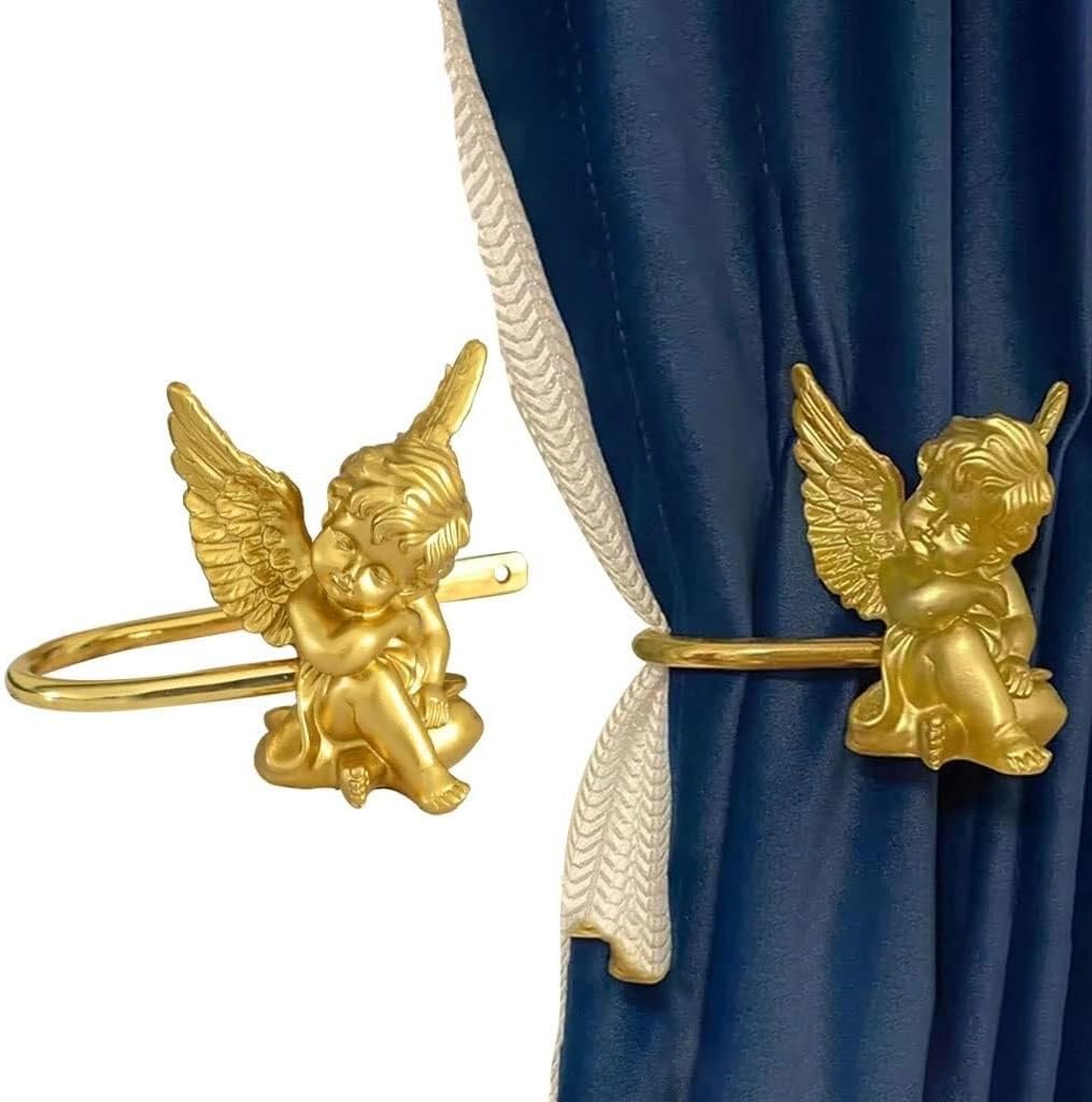 Angel Shape French Curtain Tiebacks, Golden Resin + Alloy Curtain Holdbacks, Modern Living Room Window Buckle, Hole Installation(Right)