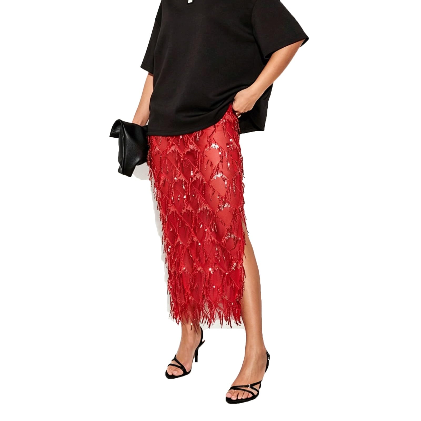 DUddTTW Bodycon Women's Maxi Skirts Sequined Slit High Waisted Long Skirt Sexy(Rot,XX-Large)