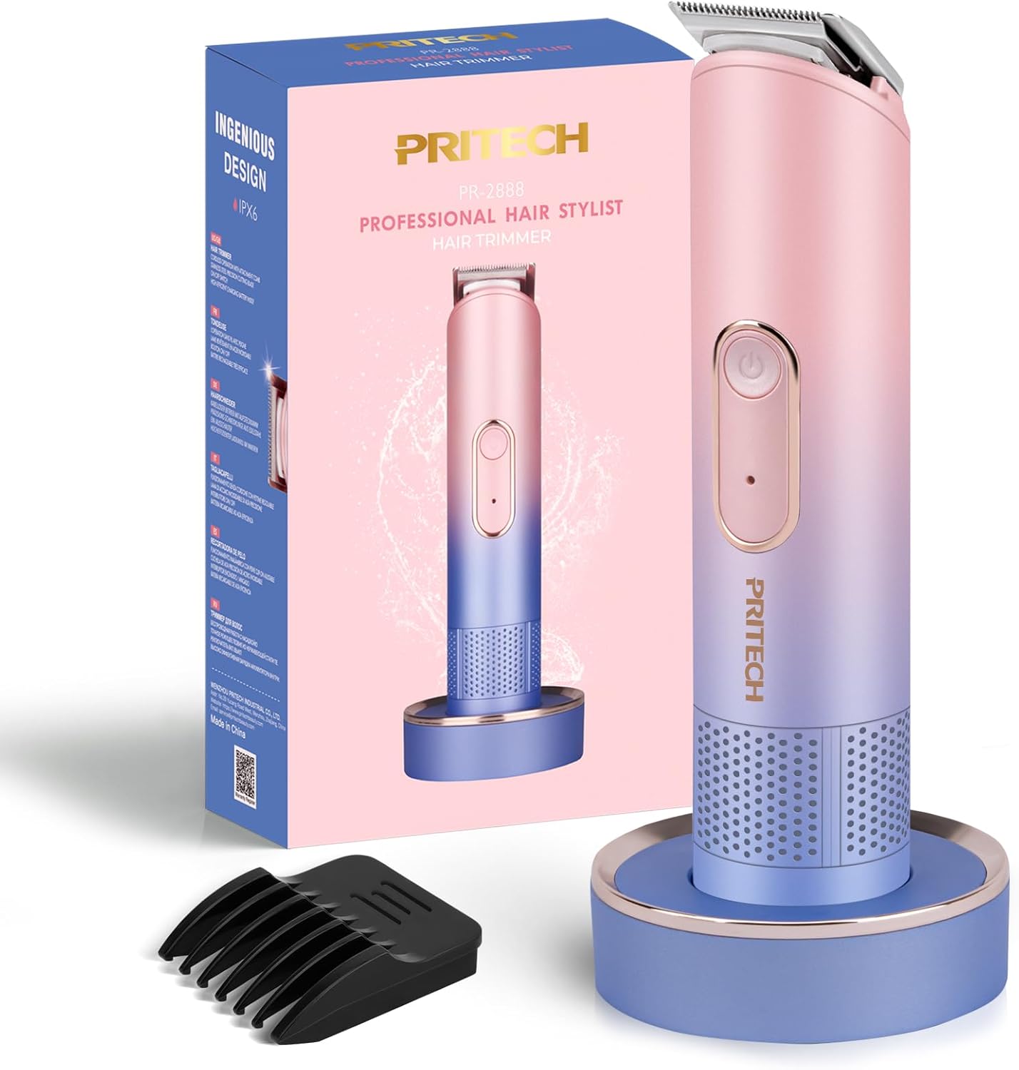 PRITECH Bikini Trimmer for Women – Rechargeable Pubic Hair Trimmer for Sensitive Skin, Wet&Dry Use, Pain-Free Electric Razor&Shaver with Standing Recharge Dock, Ideal Gift for Women, Pink Blue