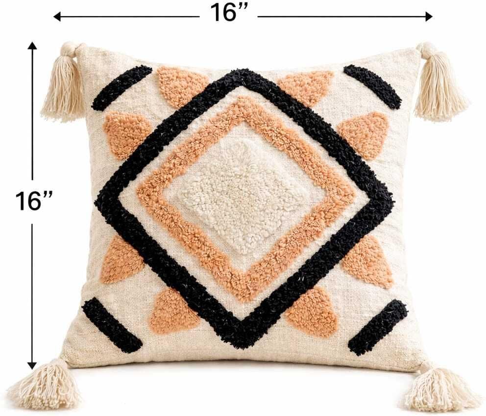 Image of Cushion Cover Pack of 5 (16x16 Inches) | Cotton Textured Decorative Throw Pillow Case for Sofa Bed Living Room Diamond Tufted Cushion Cover with Tassels (Multicolor)
