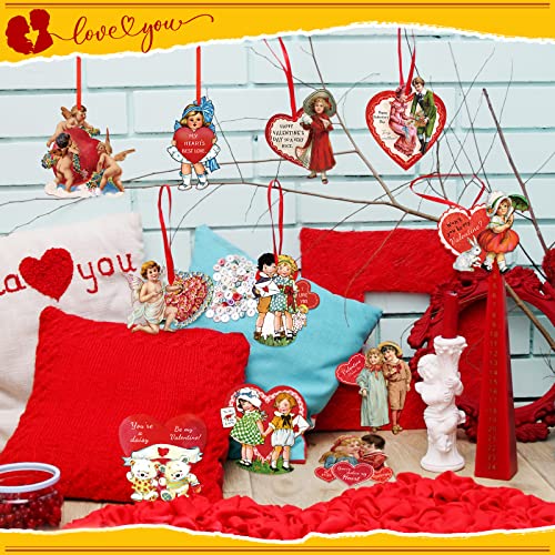 48 Pcs Vintage Valentine Hanging Ornaments Retro Valentines Tree Ornaments Heart Cut Out Decorations For Classroom Home Tree Window Wall Anniversary Party #TOP3