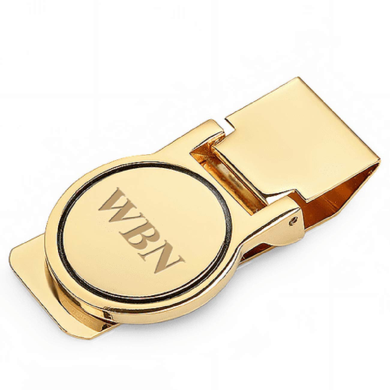Executive Gift Shoppe | Polished Gold Round Face Engraved Hinged Money Clip