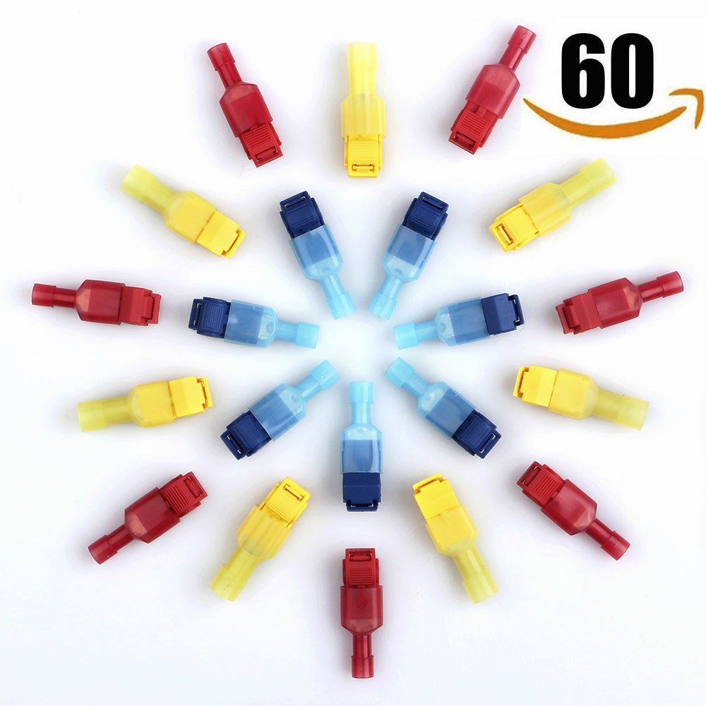 60 Pcs Gauge Nylon Electrical Insulated Quick Splice Spade and T-Tap Crimp Terminals Connectors Assortment Kit