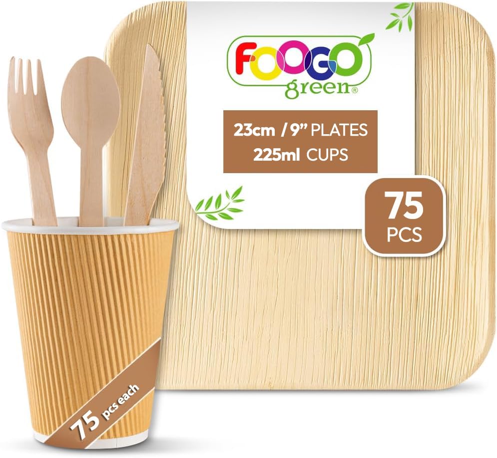 FOOGO Green 375pcs Disposable Palm Leaf Plates, Paper Cups and Wooden Cutlery Set, FSC® Certified, 75x Large Square Plates, 75x Cups, 75xForks, 75xKnives, 75x Spoons, Eco Friendly