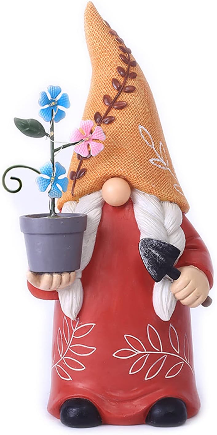 Garden Gnome Statues Decoration 12 Inch Outdoor Solar Powered Female Gnome with Flowerpot Sculpture for Garden Patio Lawn Yard Decor