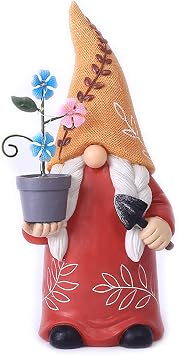 Garden Gnome Statues Decoration 12 Inch Outdoor Solar Powered Female Gnome with Flowerpot Sculpture for Garden Patio Lawn Yard Decor