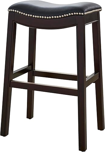 New Ridge Home Goods Julian Taburete de bar de madera sin respaldo de 31 pulgadas, marco espresso con asiento tapizado negro Asiento de piel