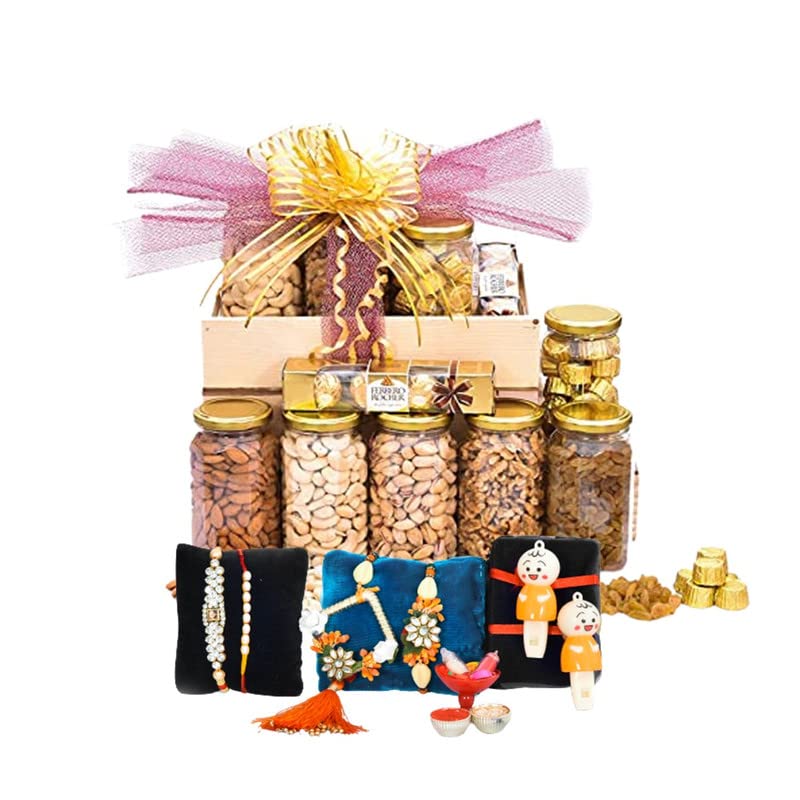 Image of NUTRI MIRACLE Dry Fruit & Nut Gifts Box /Hamper I Ethnic Floral Bhai Bhabhi Pair I Kids Whistle Rakhis I Cz Stone Rakhi I Pearl Dora I Tilak Kit,650gm