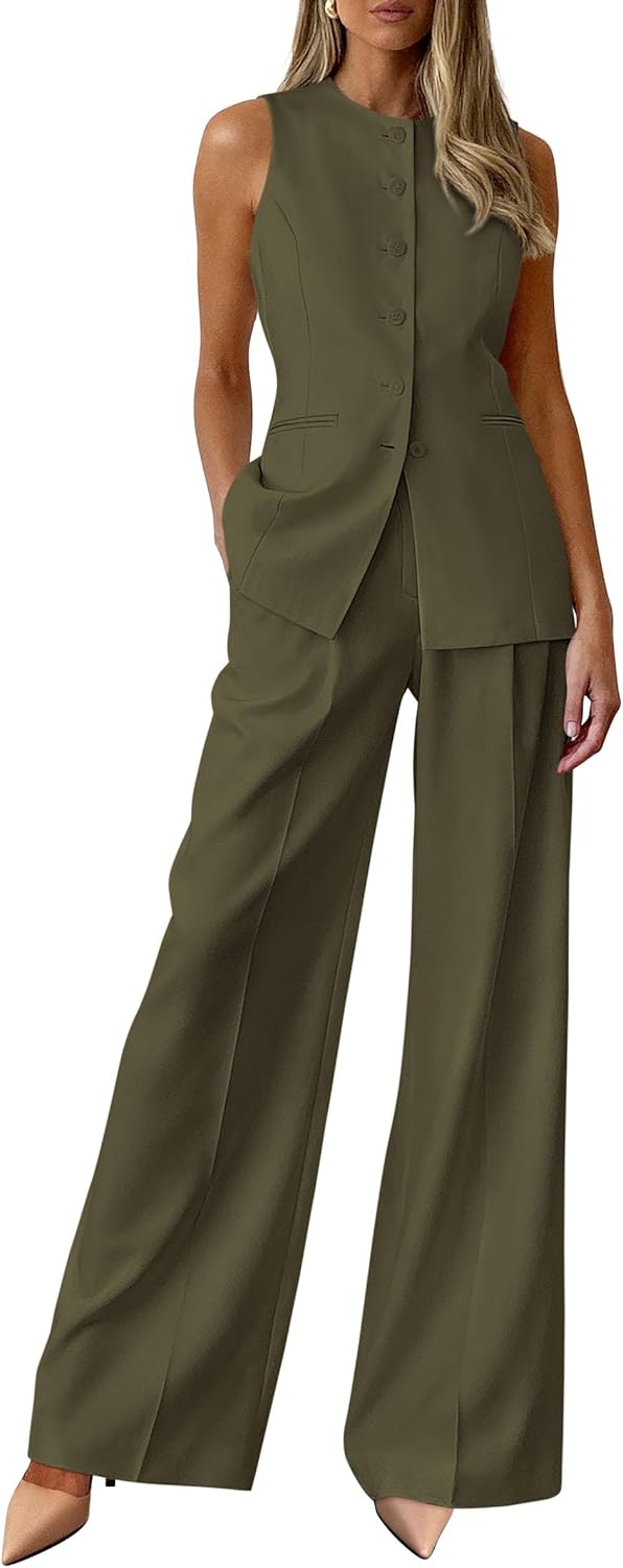 PRETTYGARDEN Women's 2 Piece Sets Summer 2026 Work Clothes Sleeveless Blazer Vest Pants Suits Spring Business Casual Outfits