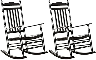 Outdoor Patio Rocking Chairs Set of 2 Porch Wooden Comfy Rockers for Adult Furniture Indoor Outside Camping Balcony Garden Backyard Lawn and Bistro, Black