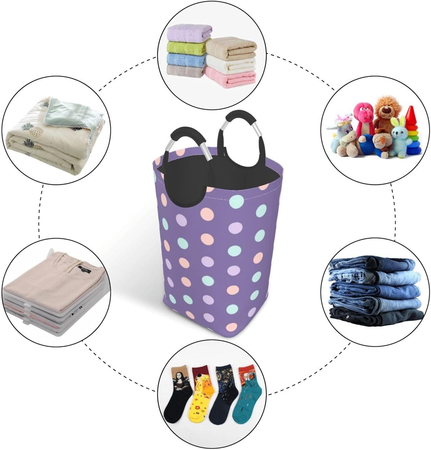 Large Laundry Basket, Purple Colored Polka Dots Laundry Hamper Bag Collapsible Washing Bin With Handles for College Dorm, Family Essentials Storage