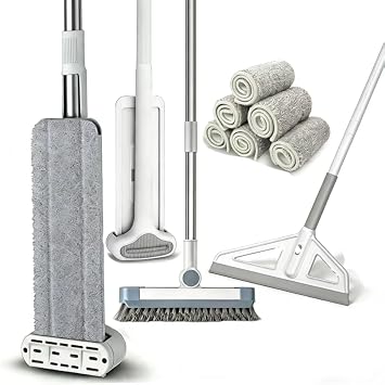 Hands-Free Self Wringing Flat Mop - Microfiber Floor Cleaning Tool with Washable Pads, Scrub Brush, Squeegee 1 Mop+6 Pads+1 Brush+1 Glass Wiper