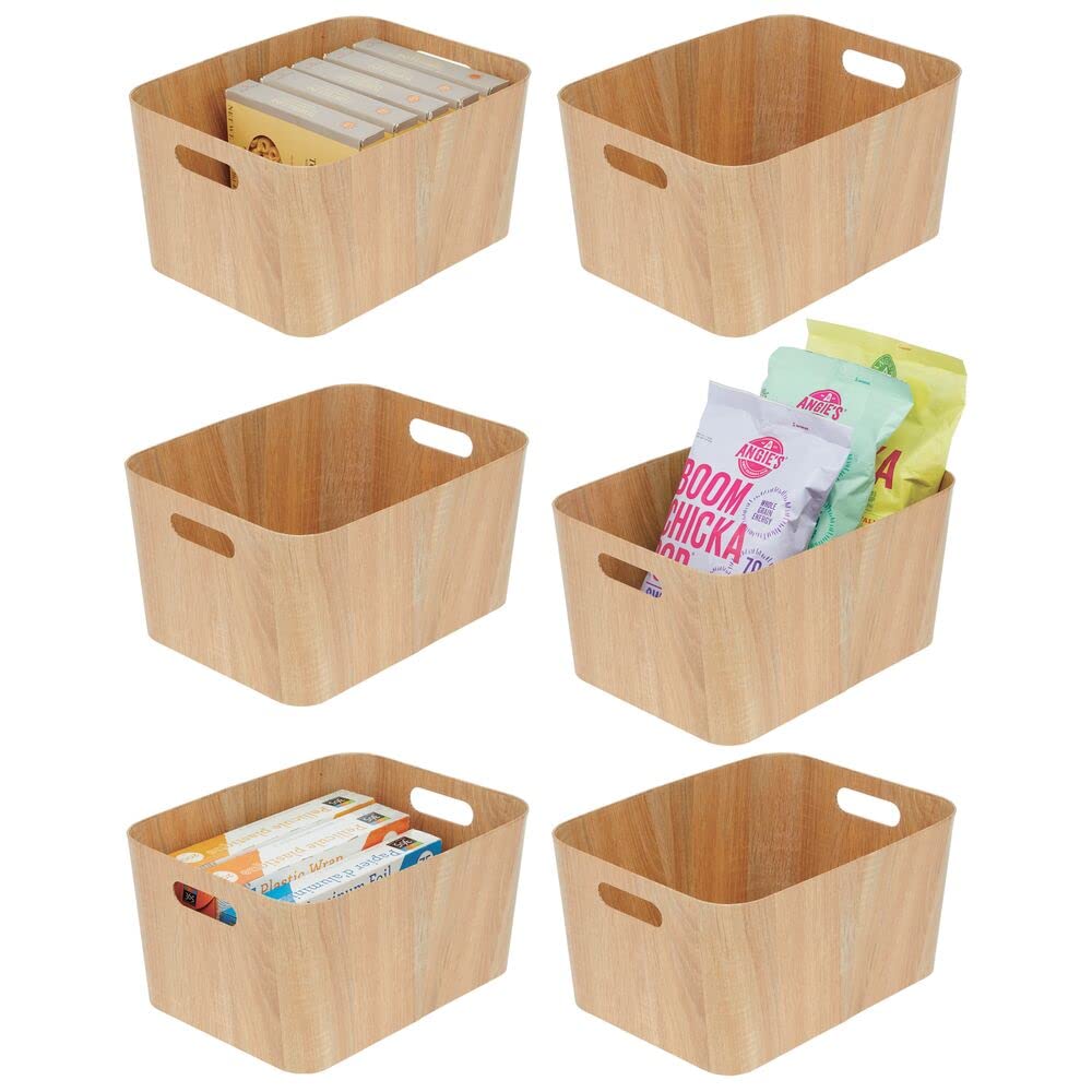 mDesign Wood Print Food Bin Box with Handles Rustic Basket for
