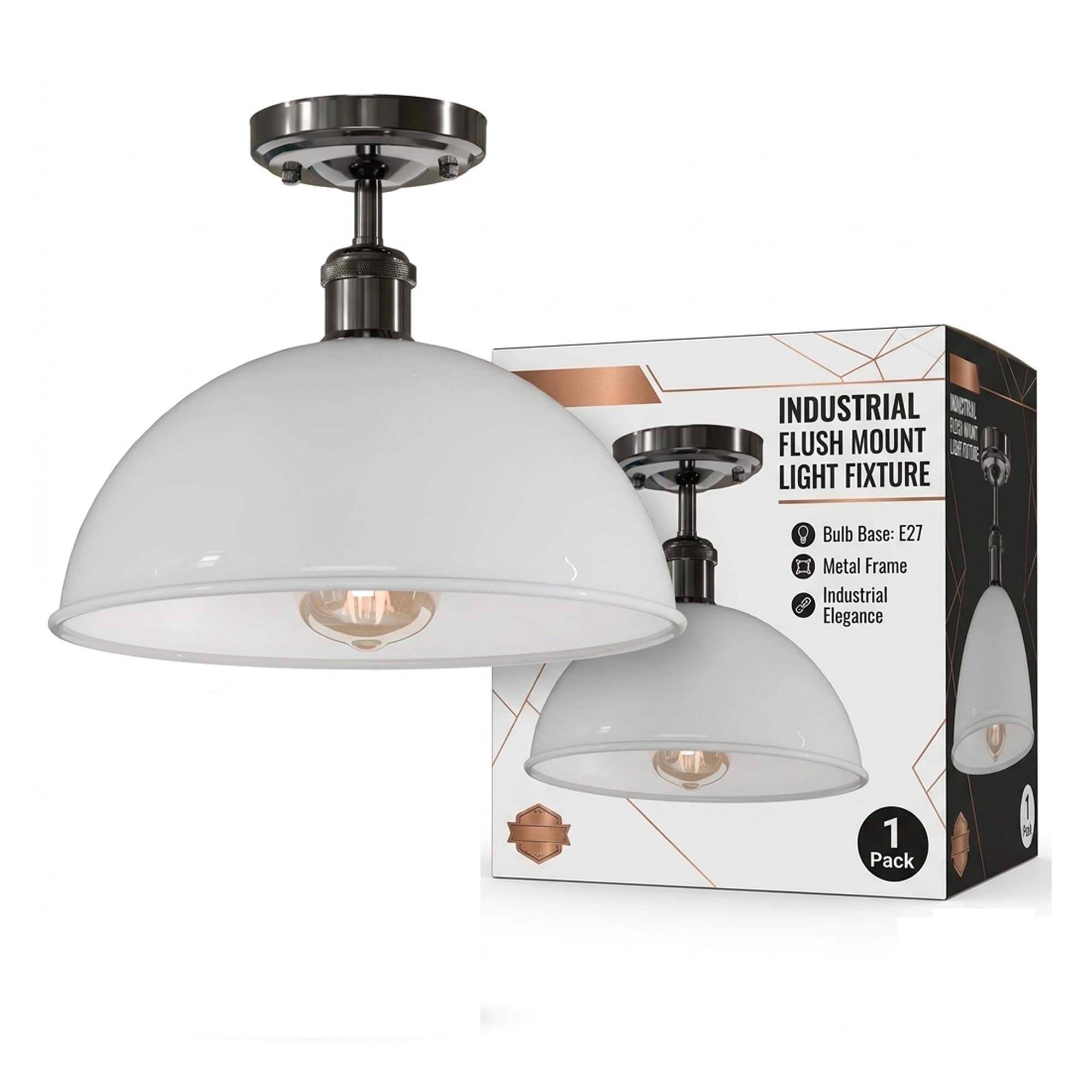 DC VOLTAGE Industrial-Semi Flush Mount E27 Base Ceiling Light Metal 30cm White Dome Lampshade Pendant Lighting for Farmhouse Porch Kitchen Bathroom