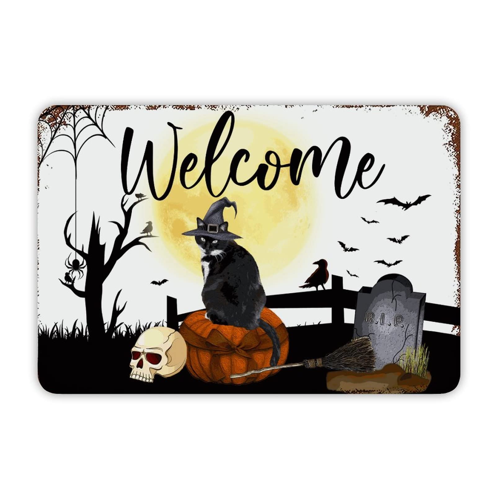ENEDNATE Farmhouse Rustic Aluminum Sign Welcome Halloween Black Cat Bats R.I.P and Pumpkins Metal Sign Retro Aluminum Tin Sign for Kitchen Bedroom Living Room Wall Art Door Home Decor Sign 8x12 Inch