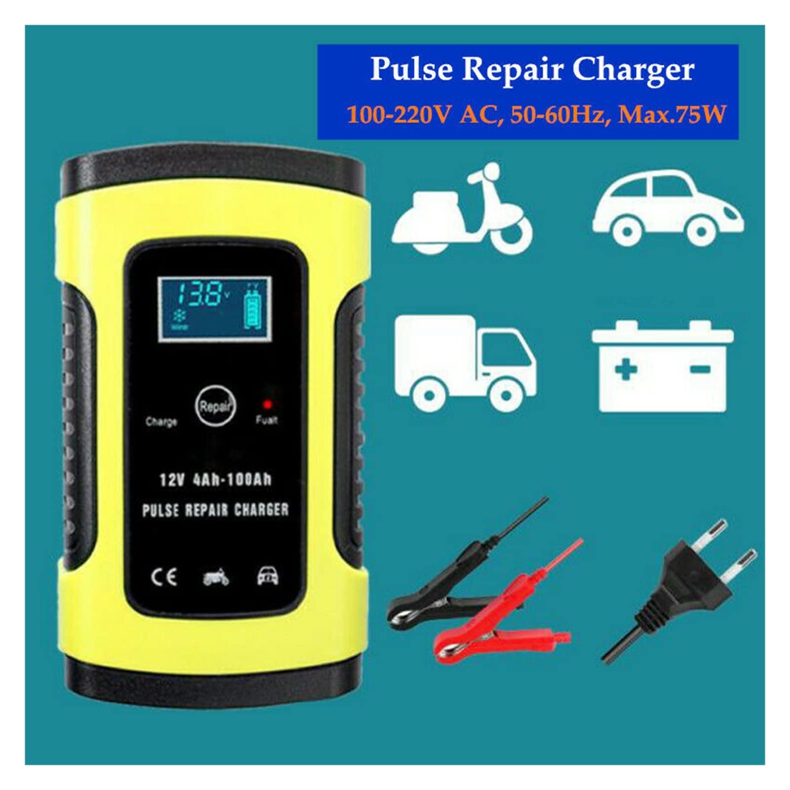 Caricabatterie per auto Caricabatterie for riparazione auto completamente intelligente 12V 6A Caricabatterie for accumulatore di batterie al piombo automatico intelligente veloce con ventola di raffre