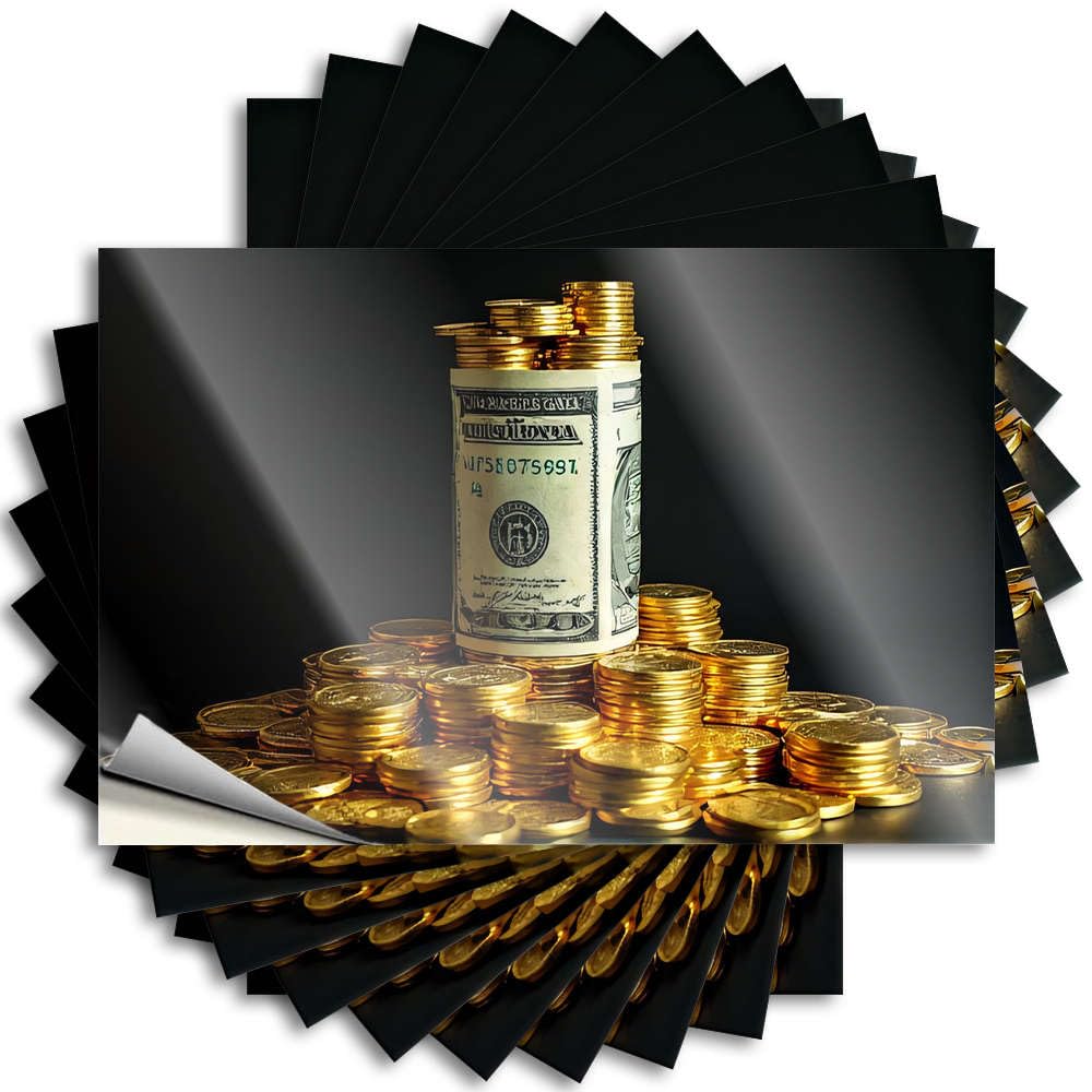 Core Saying Aesthetic Decals, Funny Cute Pattern Design for Math Notebook | Helmet Removable Vinyl Stack of Gold Coins with Dollar Bills On Black Background(6X9CM)