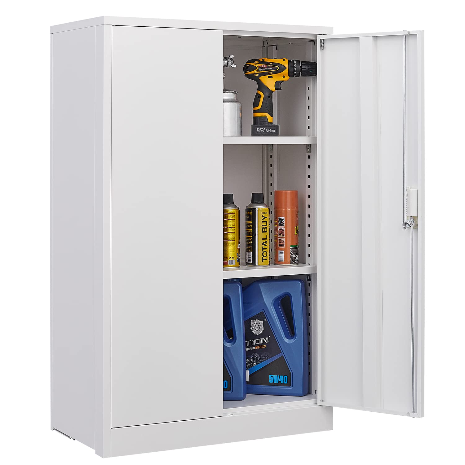BAOMKONG Folding Metal Storage Cabinet with Lock, 42'' File Cabinet with 2 Doors and Adjustable Shelf, Locking Tool Cabinet Pantry Cabinet Utility Storage Cabinet for Home Office School Garage, White
