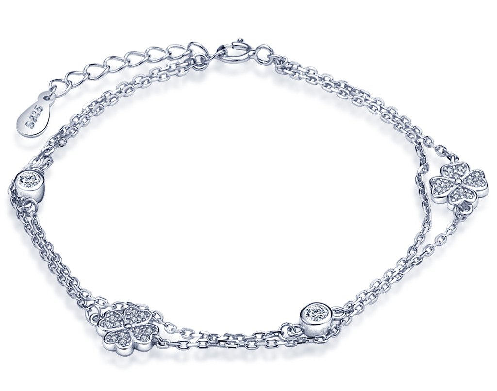 Infinite U Lucky Four Leaf Clover Womens Link Charm Bracelet 925 Sterling Silver Cubic Zirconia Strand Bracelets Adjustable Chain, Silver
