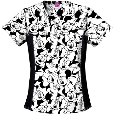 Tooniforms Women Scrubs Top V-Neck Knit Panel 6875C, M, Big Minnie Cover