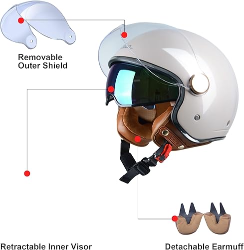 Miniatura 4 de Casco de motocicleta abierto para adultos, aprobado por la DOT, casco retro estilo Vespa 34 con doble visor para hombre y mujer, ideal para motos