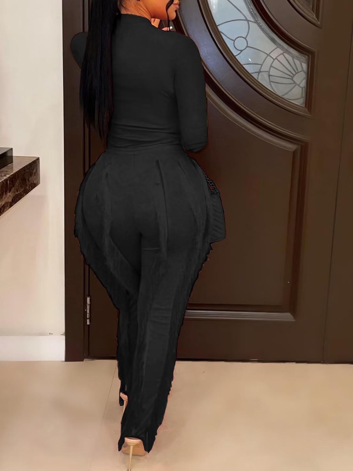 EDITCOZY Women Sexy Two Piece Outfits Fringe Pants Set Long Sleeve Club 2 Piece Going Out Birthday Party Night - Image 4