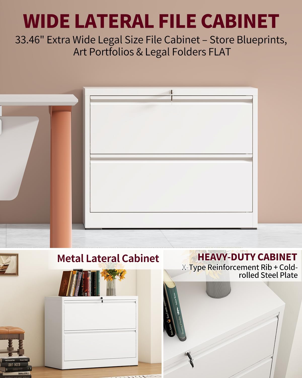 2 Drawer Lateral File Cabinet with Lock, Metal File Cabinets for Home Office, Large Filing Storage Cabinet Printer Stand, Steel Wide File Cabinet for Legal/A4/F4/Letter Size Files(White)