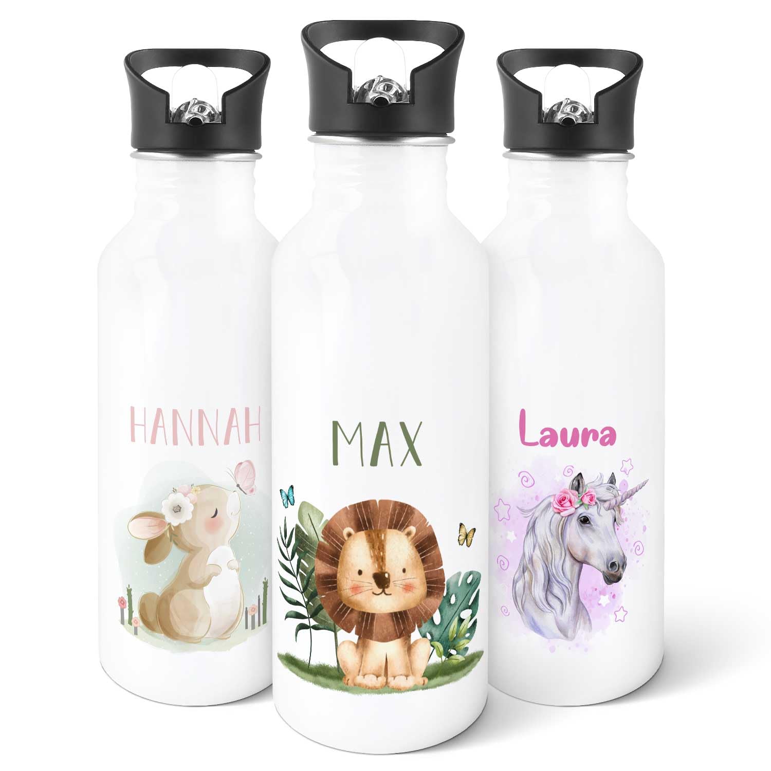 GRAVURZEILE - Bedruckte Trinkflasche aus Edelstahl - Tiergruppe Safari - Personalisiert mit Namen - 600 ml - Auslaufsicher mit klappbarem Mundstück und integriertem Trinkhalm