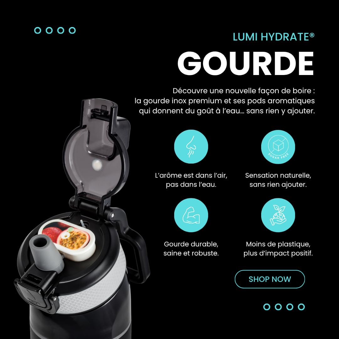 gourde aromatisée - 600 ml en acier inoxydable - bouteille d'eau parfumée - 5 pods aromatiques - arômes 100% naturels - idéal pour sport et quotidien