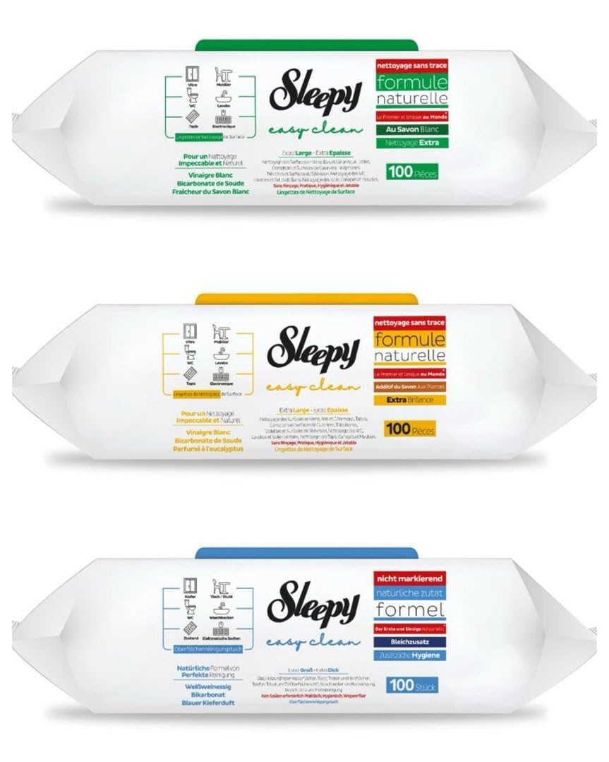 3 x Sleepy Easy Clean - 100 lingettes par couleur - Bleu : avec eau de Javel, vert et jaune : sans chlore et végétal + protection d'expédition HeartGlobal