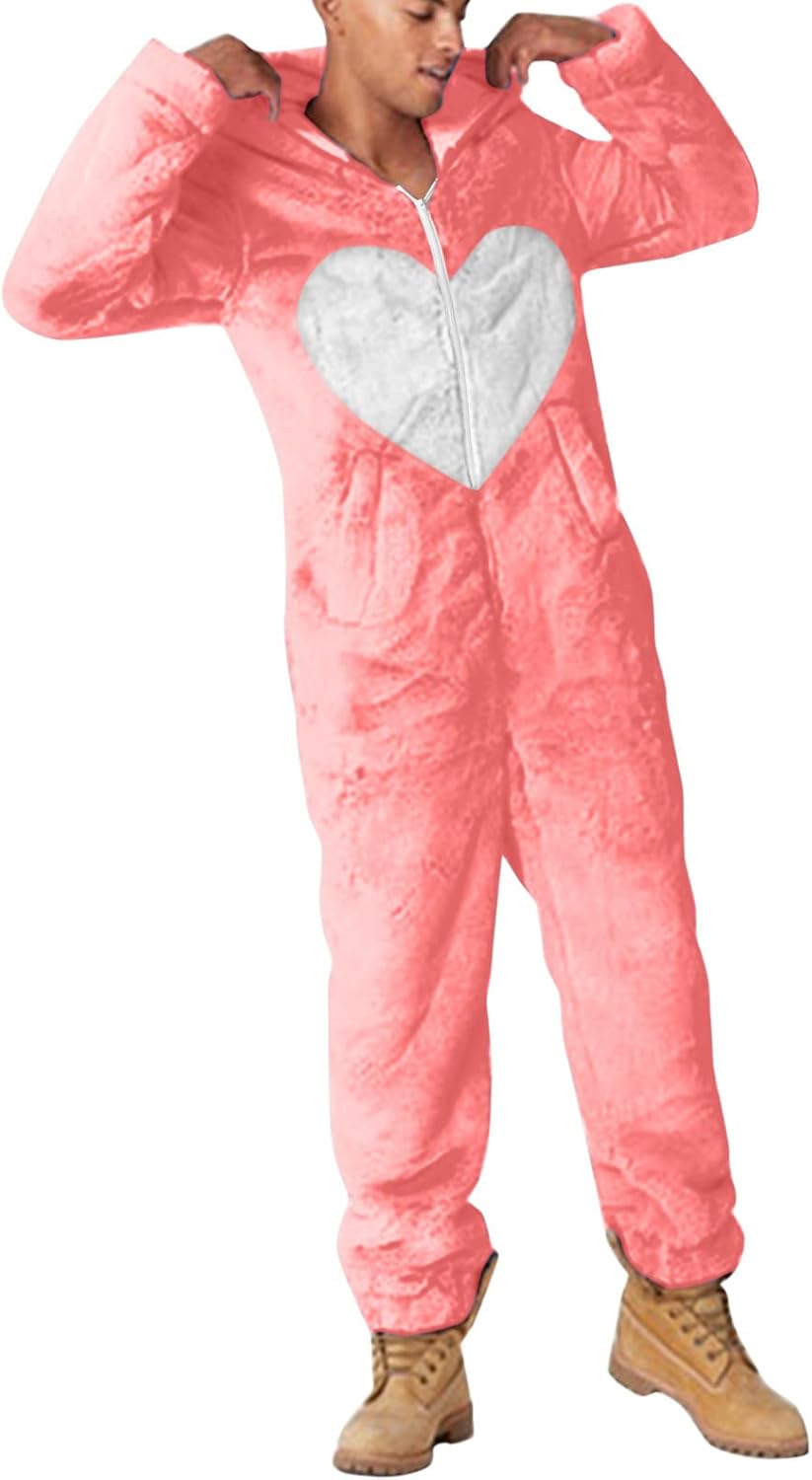 Cambkatl Men's Fuzzy Onesie Pajamas Winter Zipper Hooded Romper One Piece Fleece Jumpsuit Warm Comfy Loungewear with Pockets