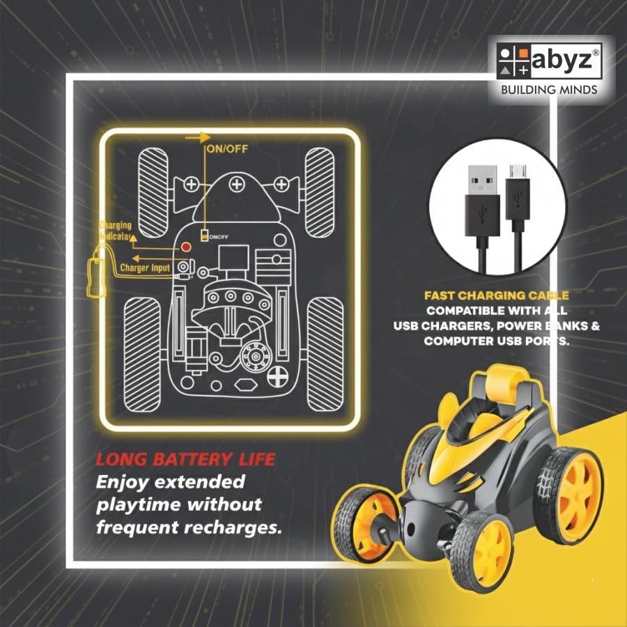 Image of abyz 360 Rotating RC Stunt Car - LED Lights, Sound, Off-Road Remote Control Vehicle for Kids and Adults (Yellow)