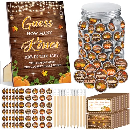 Gersoniel 242 Pcs Guess How Many Kisses Baby Shower Games 1 Standing Sign 50 Guessing Cards 180 Baby Shower Kisses Stickers 10 Pencils 1 Jar for Gender Reveal Favor (Orange Pumpkin)