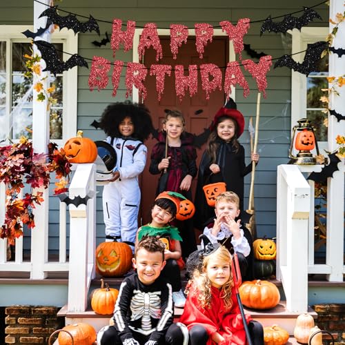 Image of Halloween Red Glitter Happy Birthday Banner Halloween Horror Zombie Birthday Banner Bloody Horror Movie Themed Birthday Photo Backdrop for Wall Home Mantle Office Wall Scary Party Supplies