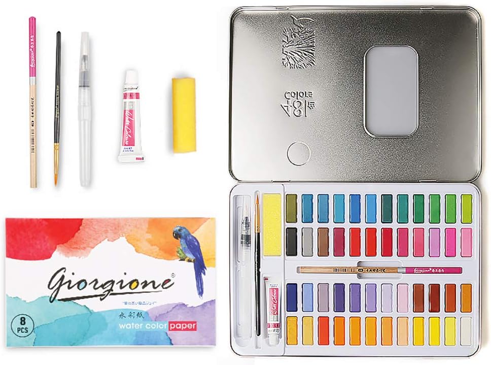 Hooami 絵の具セット 絵画 48色 水彩絵の具 固形水彩 絵の具 水彩 ペイントブラシ入り 合金収納ケース付き 溶けやすい イラスト 画材 子供 早割クーポン