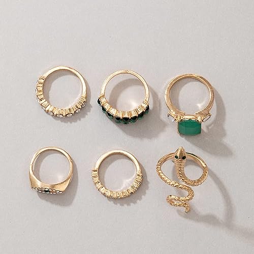Vista 6 de JWICOS Juego de 6 anillos de dedo estilo bohemio vintage tallados con cristal verde esmeralda para mujer, pequeños diamantes de imitación de ojo