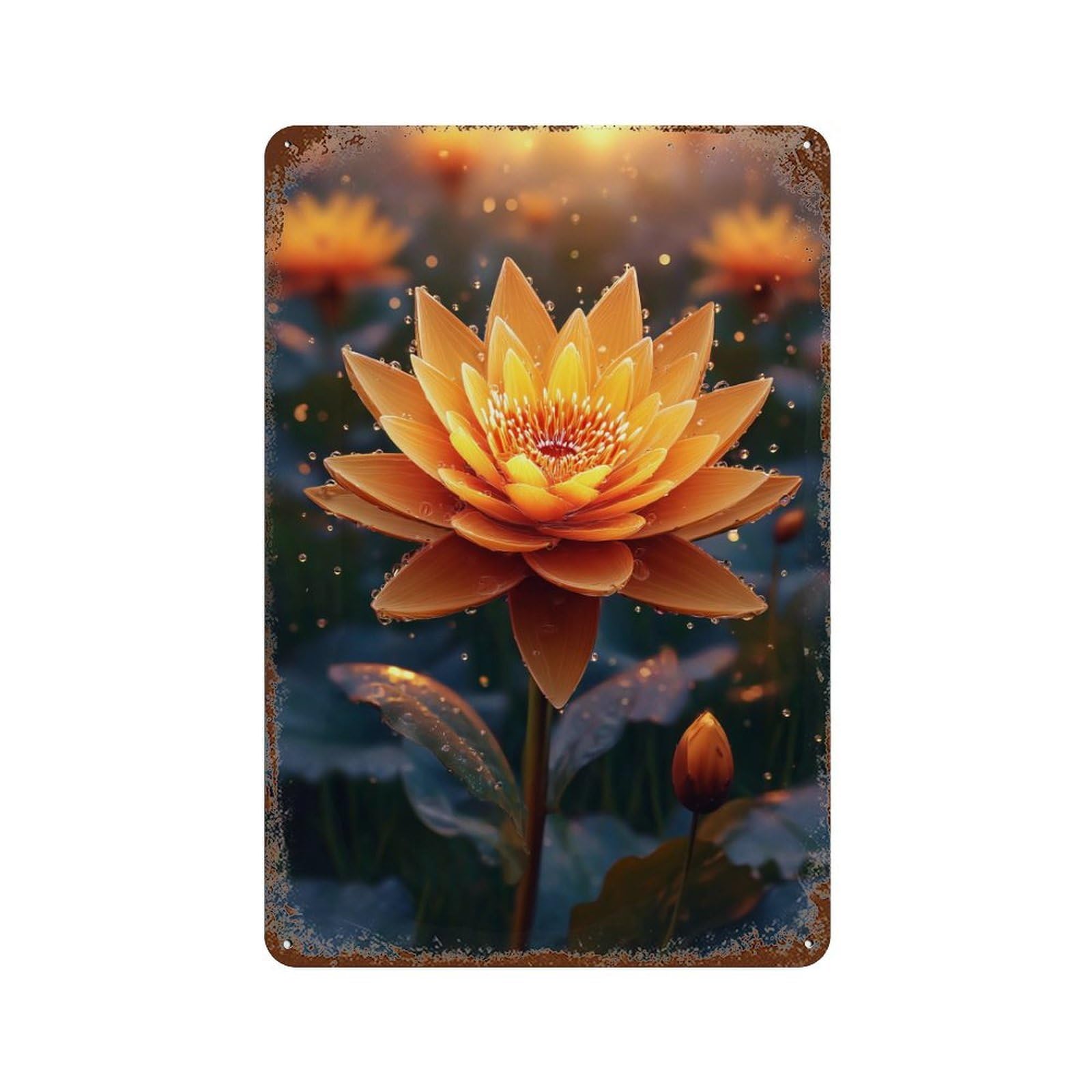 Golden Lotus Bloom 11.8"x7.9" Aged Metal Wall Plaque, Vintage Wall Decor for Basement, Hobby Room And Garage Decor