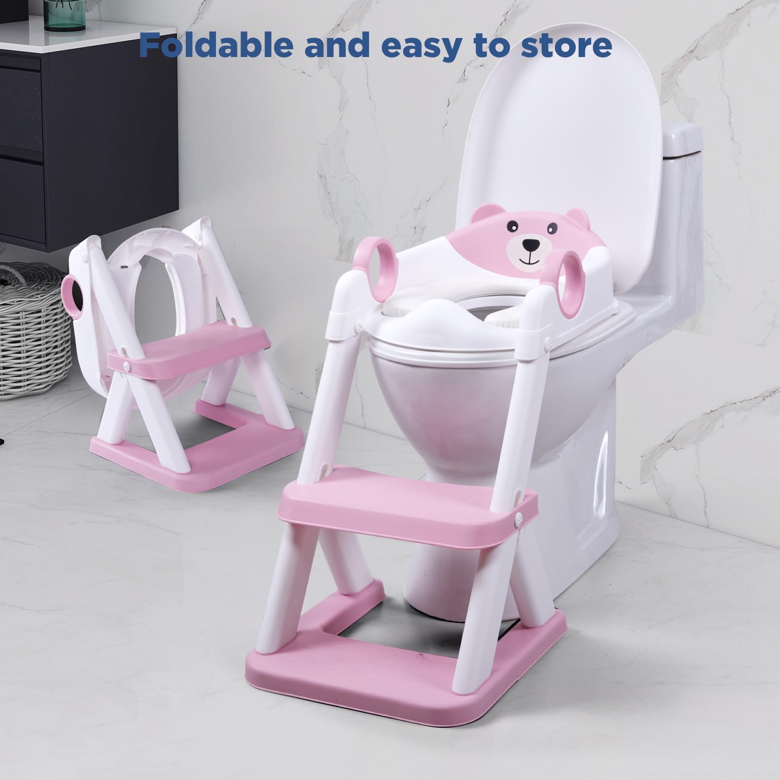 EzyWay Vasino con adesivi, sedile WC per bambini, ragazzi e ragazze, 2 in 1, con paraspruzzi antiscivolo e sgabello (rosa)