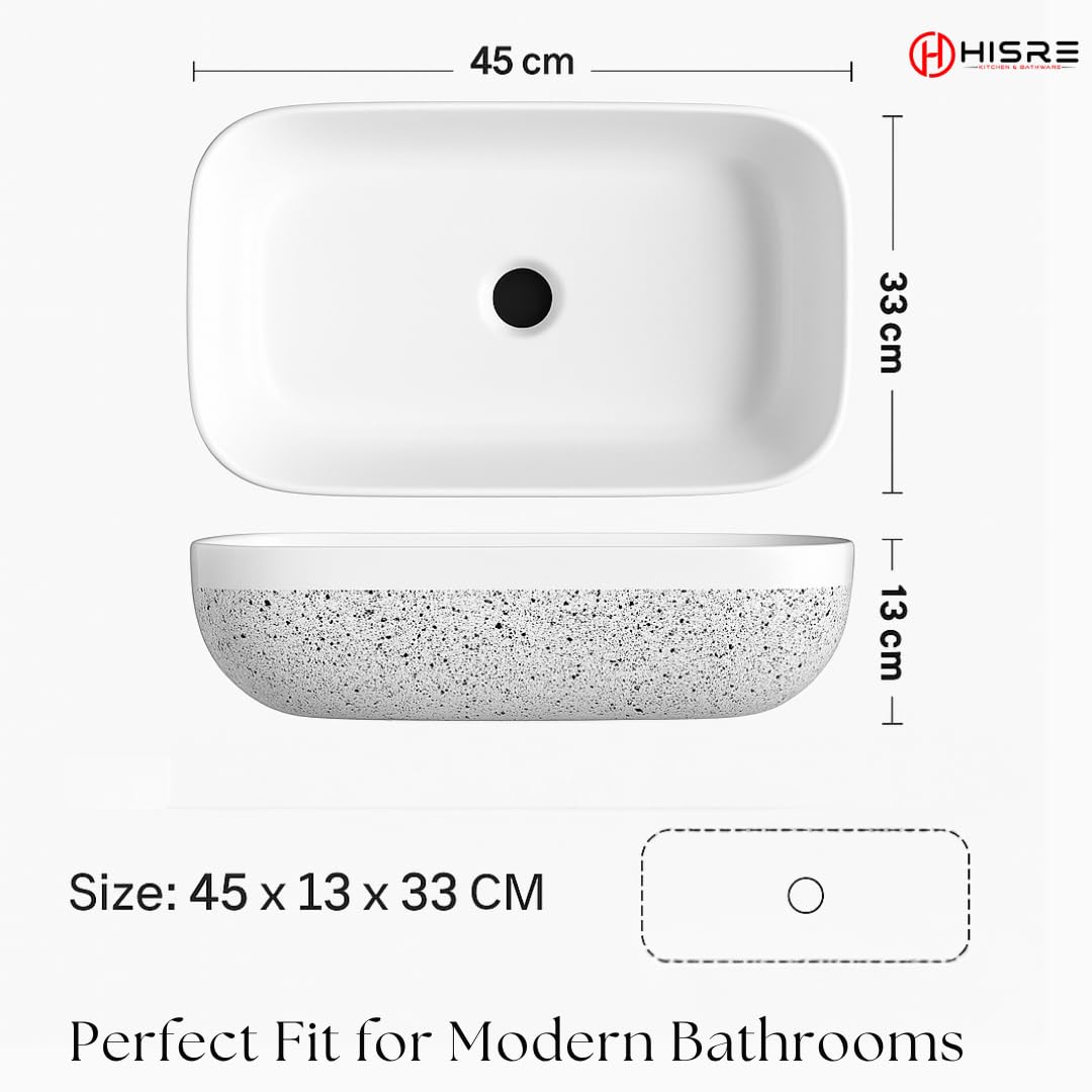 HISRE Table Top Wash Basin For Bathroom | Over Counter Top Wash Basin For Living Room | Washbasin Countertop | Tabletop Ceramic Bathroom Kitchen Sink (White), photo 2 of 5