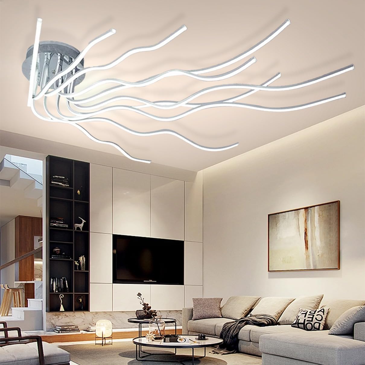 LED DeckenleuchteWohnzimmerlampe,10 Flammige Dimmbar Deckenlampe Wohnzimmer mit Fernbedienung, Die Form kann frei geändert werden, Deckenleuchte Wohnzimmer Modern Groß modisch und einfach Ø140cm