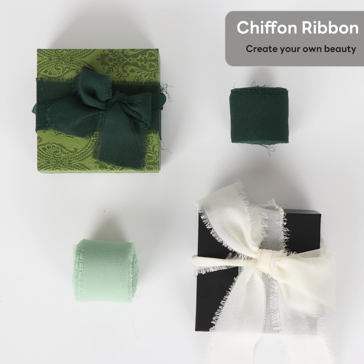 Handgemachtes Chiffon-Geschenkband Mit Seidenfransen – 3 Rollen In Creme & Grün, 4 Cm Breit, 6,5 M Lang – Perfekt Für Geschenke, Hochzeit & Deko