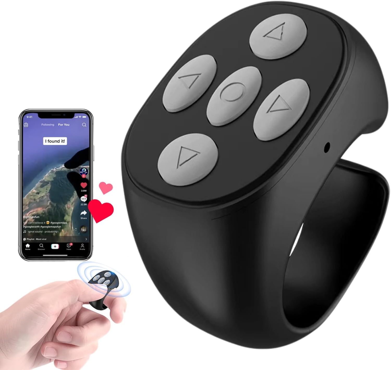 Wireless Bluetooth Remote Control, 2025 New Remote Scrolling Ring for TikTok, Rechargeable Fingertip Remote Control Ring Scroller Page Turner Camera Shutter Video Recording Remote (Black)