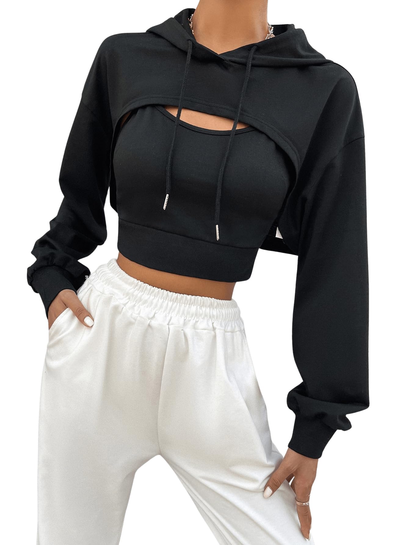 GORGLITTER Sudadera con capucha para mujer Super Crop con Top Drunter 2 en 1, sudadera con capucha, camiseta de manga larga con cordón