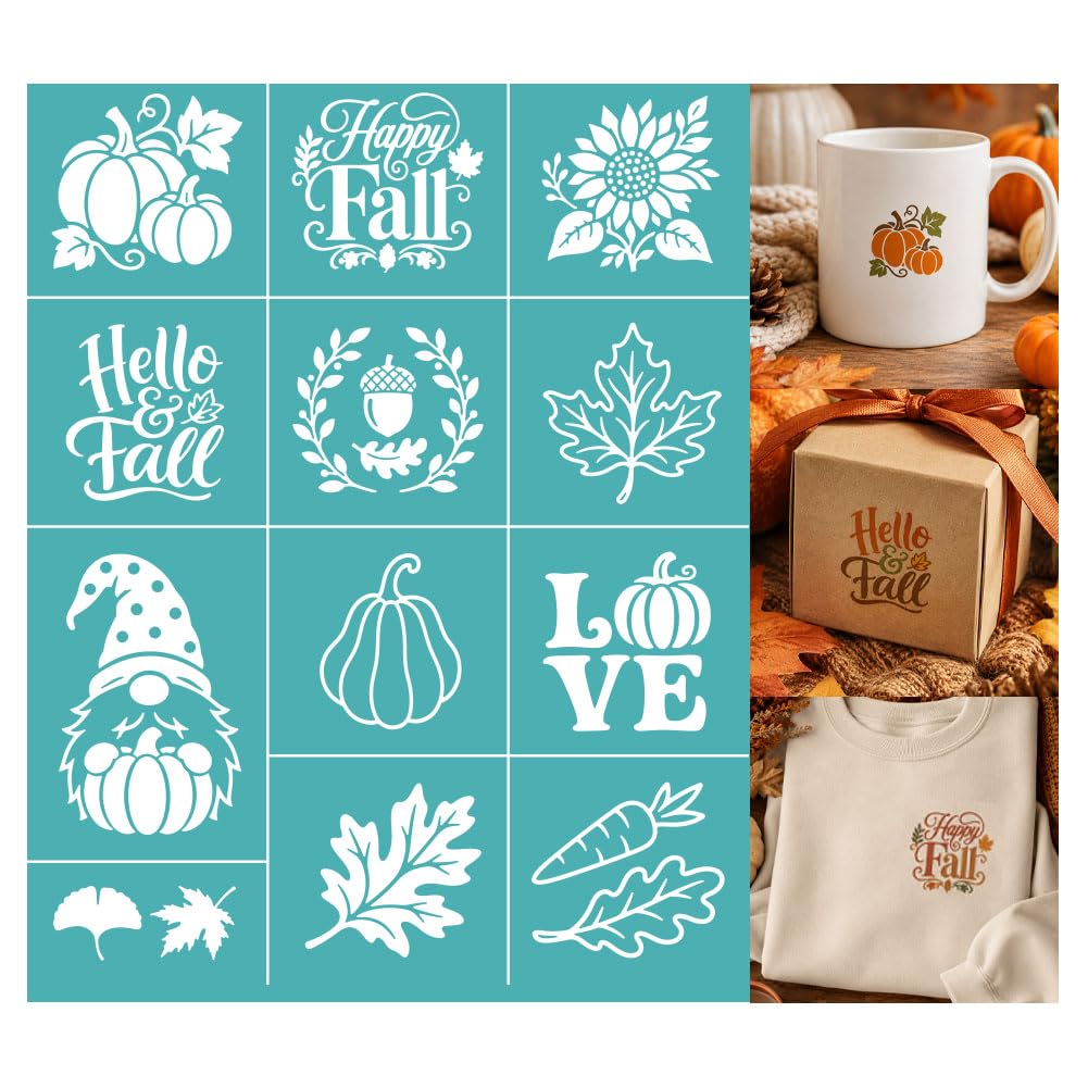 GOMAKERER 2 SheetsThanksgiving Small Fall Silk Screen Stencil, Autumn Pumpkin Leaf Self-Adhesive Silk Screen Printing for Wall Border Wood Fabric Home Craft Decor