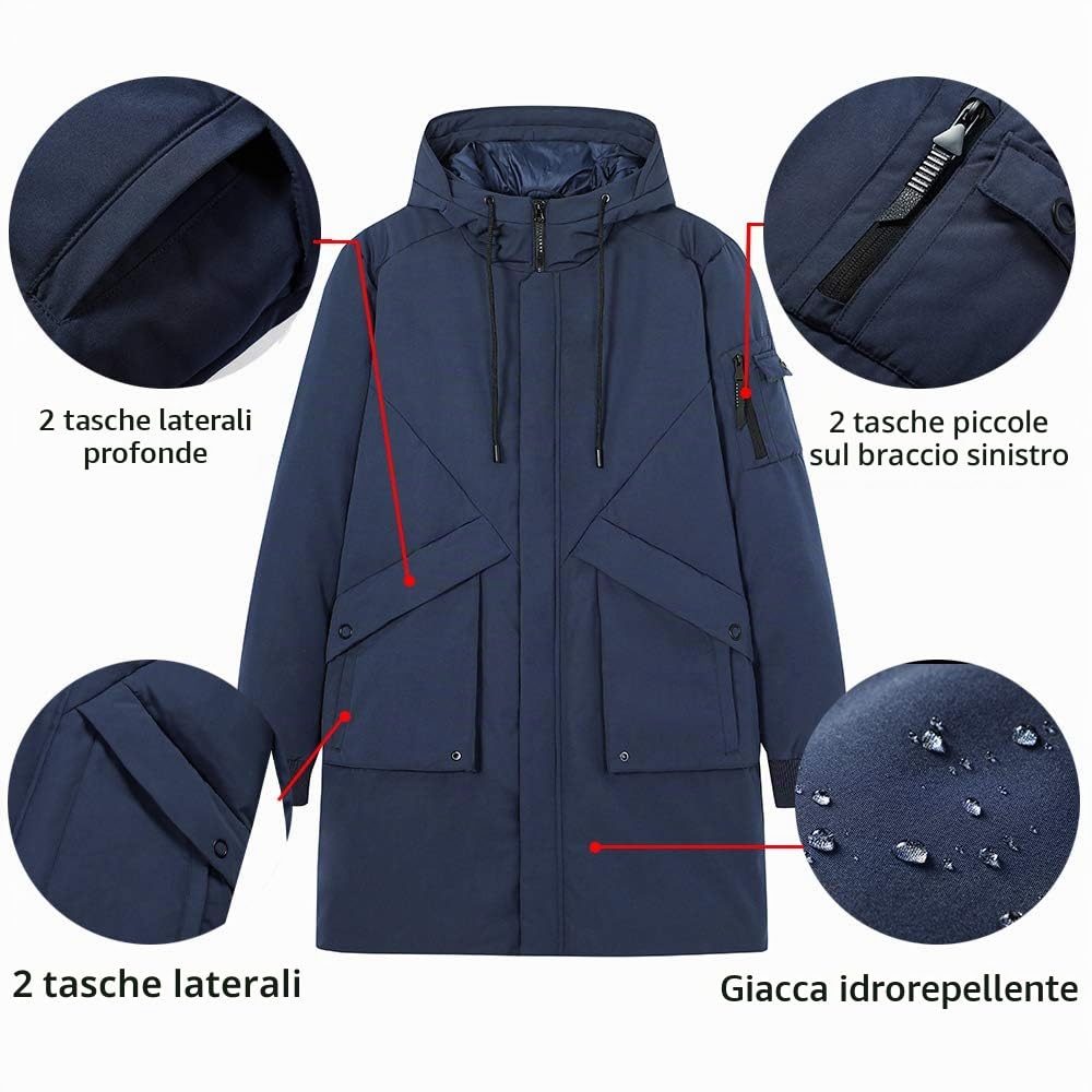 Cappotti invernali da uomo impermeabili con cappuccio antivento spessi parka lungo imbottito piumino