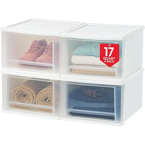 IRIS USA 17 Qt. Plastic Drawer Storage Organizer Stacking Drawers, 4-Pack, Stackable Unit with Sliding Drawer for Clothes Bedroom Kitchen Under Sink Pantry Craft Room Bathroom Dorm Office, White