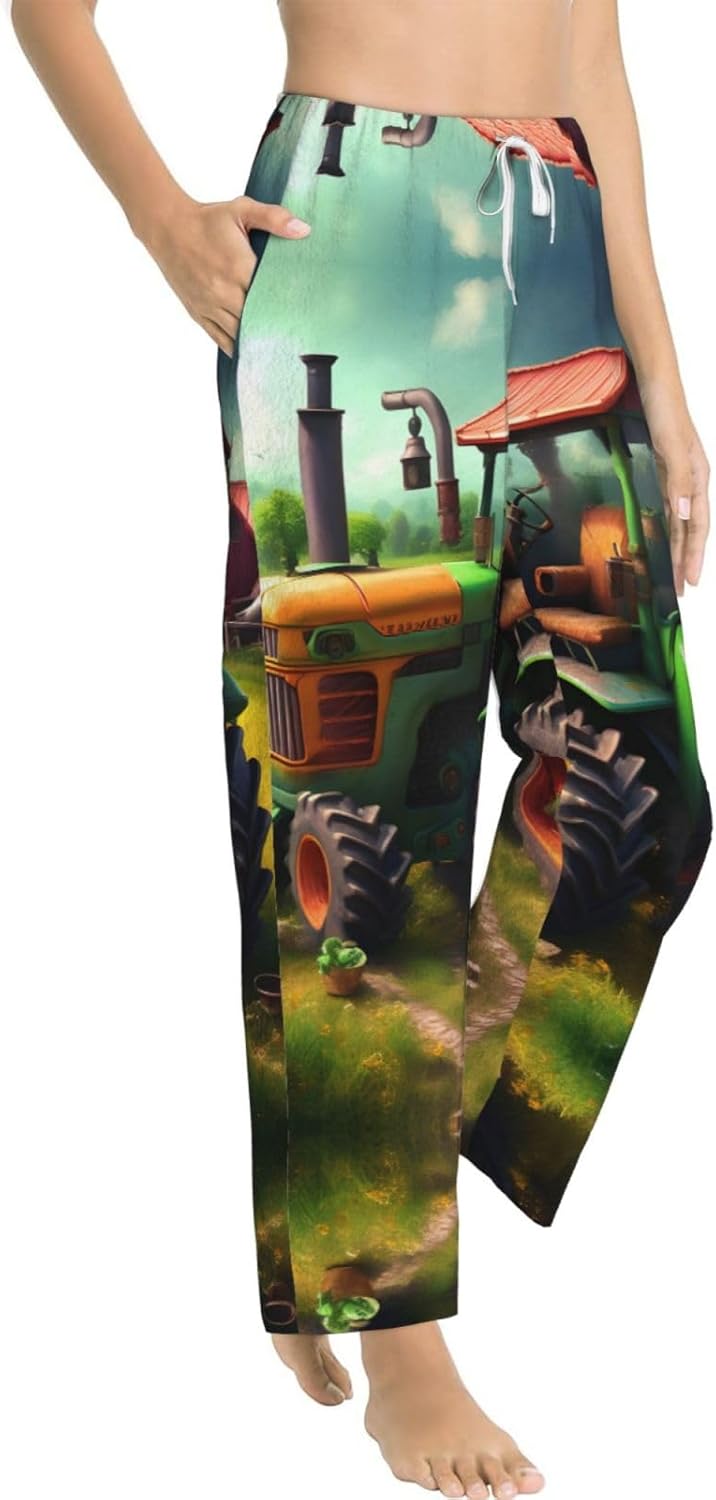 Fantasy Farm Tractor Print Cozy Flannel Pajama Pants For Women,Warm Christmas Pj Pants,Cute Fleece Pajamas