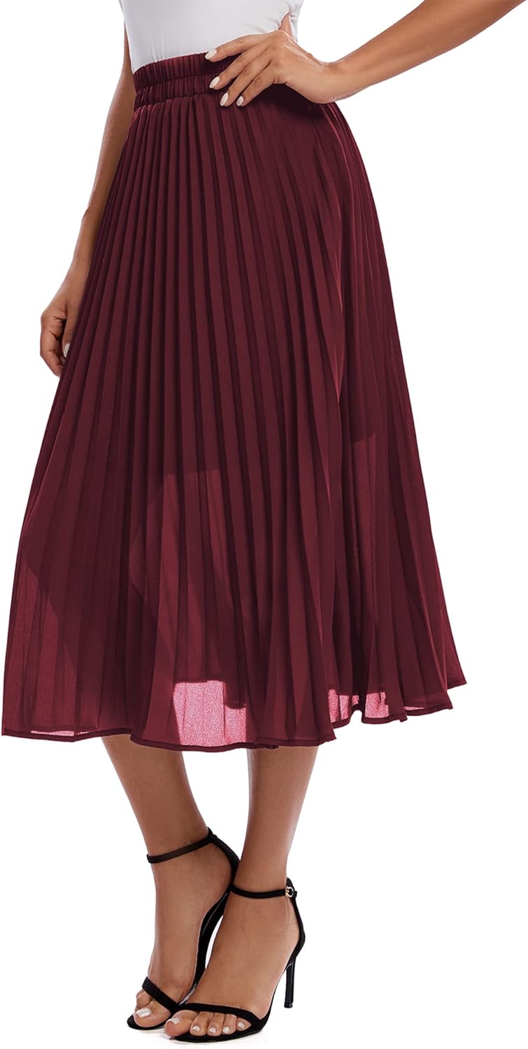 Urban CoCo Women's A Line Elastic Wasit Chiffon Midi Skirt Flare Pleated Skirts with Pockets - Image 5