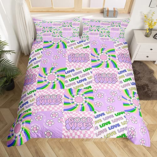 Juego de Cama Retro Hippie Flores 135x200cm 60S 70S Juego de Funda Nórdica Groovy Morado Flores Temas Plaid Decoración 2 Piezas con 1 Funda de Almohada