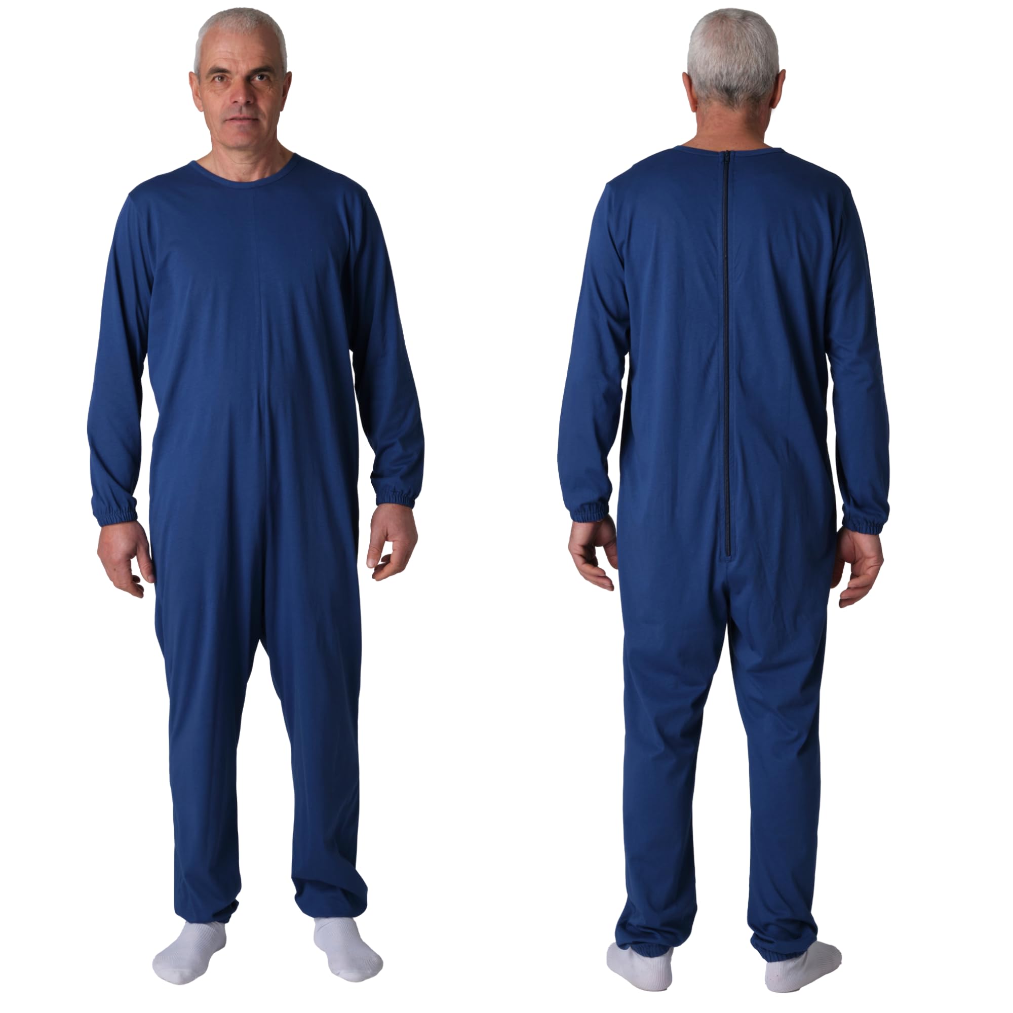 FERRUCCI COMFORT Pyjama sanitaire col rond avec fermeture éclair arrière pour personnes âgées, Alzheimer, Démence - 9015/1-100% Coton - Manches Longues Pantalon Long